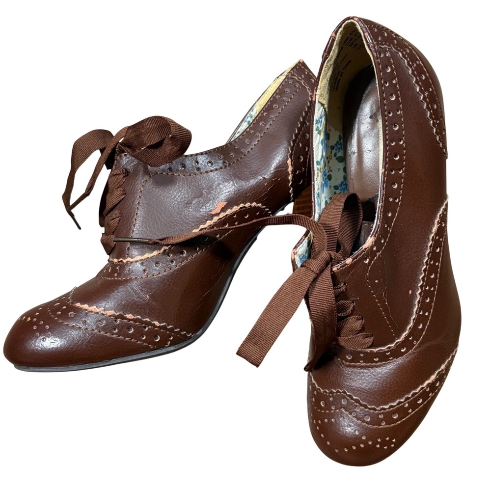 Y2K Coquette Brown Oxford Heels Wingtip Brogue Lace Up Block Heel 5.5